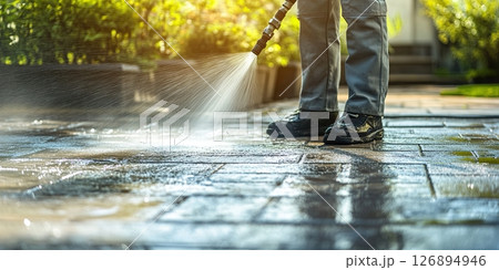 Worker pressure washing wet patio tiles outdoors, close-up on feet and water spray in sunlight 126894946