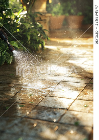 Outdoor cleaning of paved terrace with water spray on sunny day, gardening and home concept 126894947