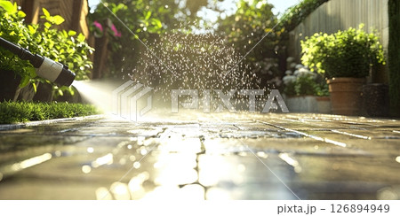 Water jet cleaning wet stone patio in sunlight, summer garden scene with blurred background 126894949