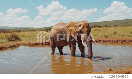 African Elephant Standing in Waterhole on Savannah Under Blue Sky with Clouds 126894955