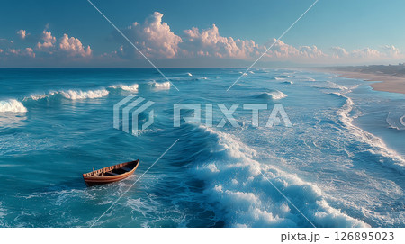 青く澄んだ波間に浮かぶ小さな木造ボートと広がる海岸線の風景 126895023