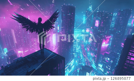 ネオン都市を見下ろす黒い翼の天使 ネオン都市を見下ろす黒い翼の天使 126895077
