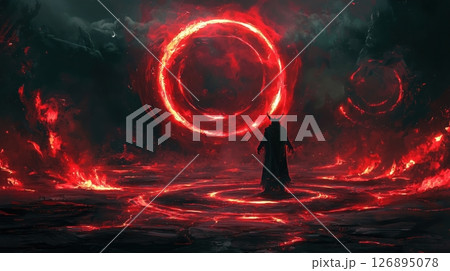 炎の輪と魔法陣の中に立つ魔術師 126895078