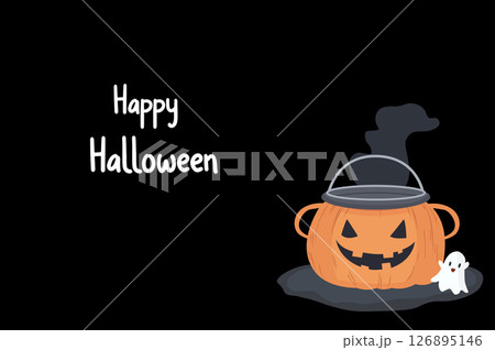 Dark Halloween greeting card featuring jack-o-lantern cauldron and cute ghost with Happy Halloween text in white. Dark Halloween greeting card featuring jack-o-lantern cauldron and cute ghost with Happy Halloween text in white. 126895146