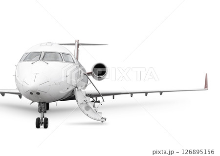 Front view of the regional jet with an opened gangway isolated on white background 126895156