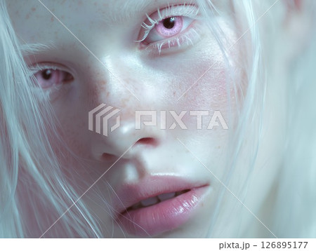 Close-up of person with albinism, glowing complexion, white hair and eyelashes 126895177