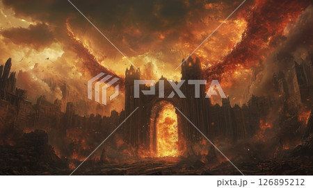 灼熱の地獄門と巨大な悪魔の翼 126895212