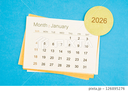 January 2026 calendar page on blue background. 126895276