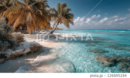 白砂とヤシの木が並ぶ南国ビーチと透明な海の絶景リゾート風景 126895284