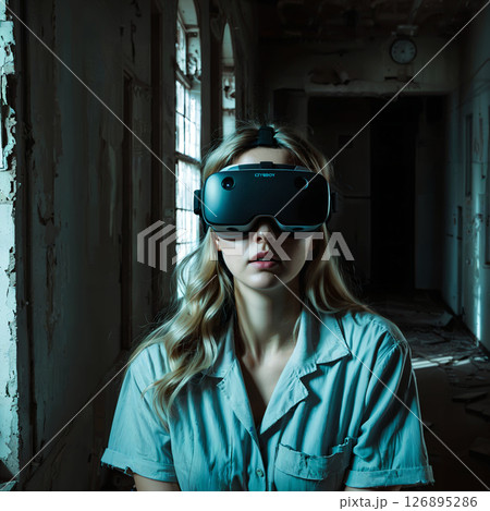 廃墟の回廊でVRに没頭する女性 126895286