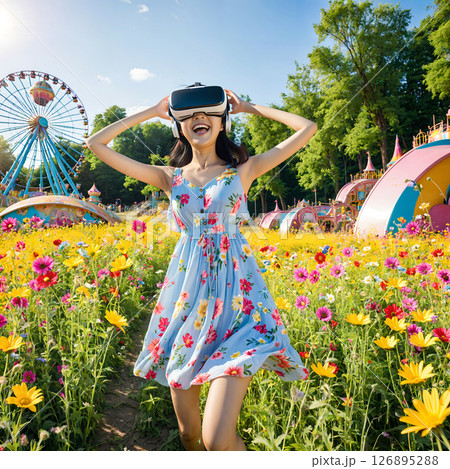 VRヘッドセットをつけた、仮想の花畑にいる楽しそうな女性 126895288
