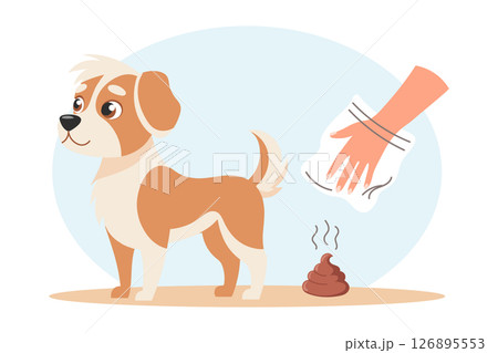 Clean up after your pet. Dog and hygienic bag for dog waste. Pet care, environmental awareness and waste disposal. Illustration. Clean up after your pet. Dog and hygienic bag for dog waste. Pet care, environmental awareness and waste disposal. Illustration. 126895553