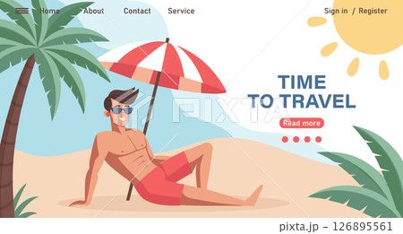 Time to travel landing page template. Young man sunbathing on the beach under an umbrella. Summer time, vacation concept. Travel illustration. 126895561