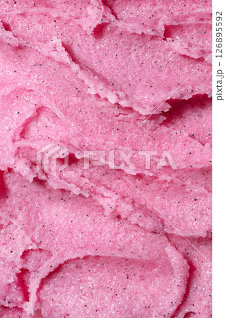 Strawberry fruit pink scrub texture close up. Creamy fruit exfoliating scrub smear with sugar. Organic cosmetic body care peeling. Natural skincare exfoliating scrubber treatment. Strawberry fruit pink scrub texture close up. Creamy fruit exfoliating scrub smear with sugar. Organic cosmetic body care peeling. Natural skincare exfoliating scrubber treatment. 126895592