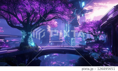 ネオン桜と融合する未来都市の夢世界 126895651