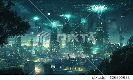 浮遊樹と融合した近未来都市の夜景 126895652