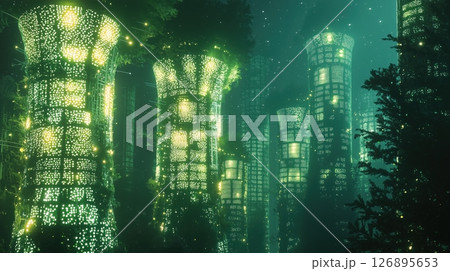 幻想的な光に包まれたバイオ都市の夜景 126895653