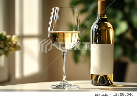 Mockup for wine industry branding. Elegant Wine Glass with white wine and a bottle of wine with a blank label next to it. 126896040