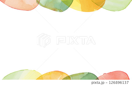 黄色、オレンジ、黄緑、緑のビタミンカラーの明るい水彩の楕円が上下を彩るやさしいフレーム背景 126896137