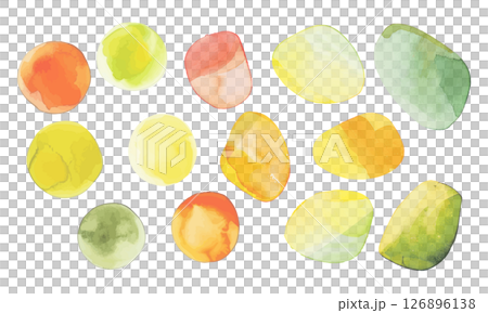 Round shape material in vitamin colors painted with bright watercolors in yellow, orange, yellow-green, and green vitamin colors 126896138