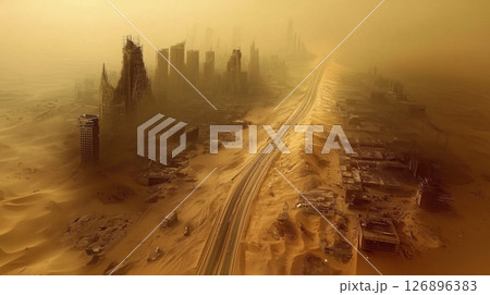 砂漠に沈む未来都市の残骸と埋もれた道路 砂漠に沈む未来都市の残骸と埋もれた道路 126896383
