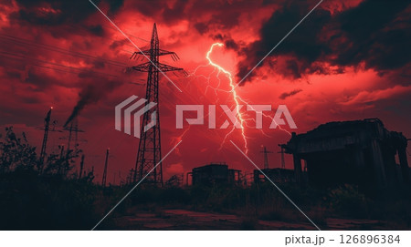 赤く染まる空と稲妻が走る終末の風景 赤く染まる空と稲妻が走る終末の風景 126896384