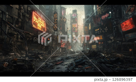 ネオンきらめくディストピア都市の崩壊後風景 126896397