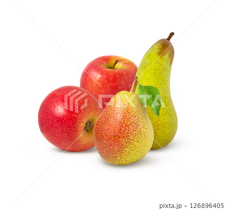 Two apples and two pears isolated. Green pear and red apple with leaf. Two apples and two pears isolated. Green pear and red apple with leaf. 126896405