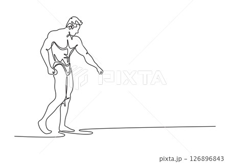 Continuous one line drawing professional bodybuilder with perfect abs, shoulders, biceps, triceps and chest. Strong man topless flexing his muscles. Single line draw design vector graphic illustration 126896843
