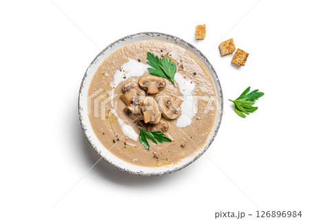 Mushroom cream soup with croutons isolated Mushroom cream soup with croutons isolated 126896984