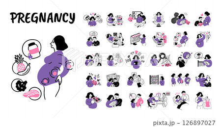 Cartoon Color Pregnancy Scenes Concept Set Flat Design Style with Elements Thin Line. Vector illustration of Planning and Reproductive Function Problems Cartoon Color Pregnancy Scenes Concept Set Flat Design Style with Elements Thin Line. Vector illustration of Planning and Reproductive Function Problems 126897027