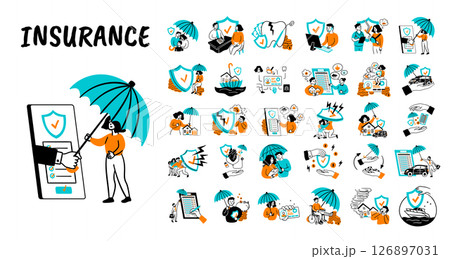 Cartoon Color Different Insurance Types Scenes Concept Set Flat Design Style with Elements Thin Line. Vector illustration of Protection Travel, Home, Health and Car Cartoon Color Different Insurance Types Scenes Concept Set Flat Design Style with Elements Thin Line. Vector illustration of Protection Travel, Home, Health and Car 126897031