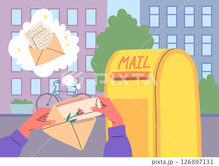Cartoon Color Sending Postcard Mail on a Cityscape Scene Correspondence Concept Flat Design Style. Vector illustration Cartoon Color Sending Postcard Mail on a Cityscape Scene Correspondence Concept Flat Design Style. Vector illustration 126897131