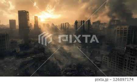 戦争で焼けた都市と沈む夕日 戦争で焼けた都市と沈む夕日 126897174