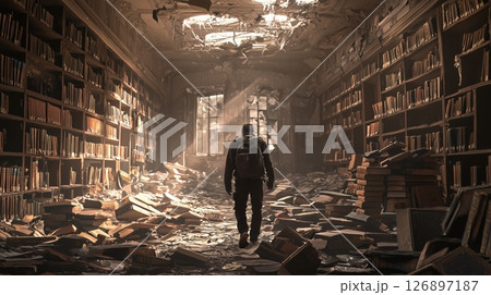 崩壊図書館に立つ旅人の後ろ姿 126897187