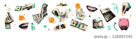 Money concept halftone art collage cut outs set. Paper clippings, hands holding 100 dollar bills, cash, golden coins, piggy bank, calculator. Modern retro mixed media vector illustration Money concept halftone art collage cut outs set. Paper clippings, hands holding 100 dollar bills, cash, golden coins, piggy bank, calculator. Modern retro mixed media vector illustration 126897292