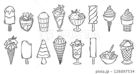 Hand drawn ice cream. Sweet creamy balls in waffles cones and glass. Cold desserts with nuts, chocolate and fruits. Cafeteria menu elements, neoteric vector set 126897534