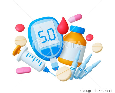 Diabetes 3d concept. Pills syringe glucometer, blood drop and ampoules with medicine. Realistic elements for hospital, healthcare, pharmacy, vector set 126897541