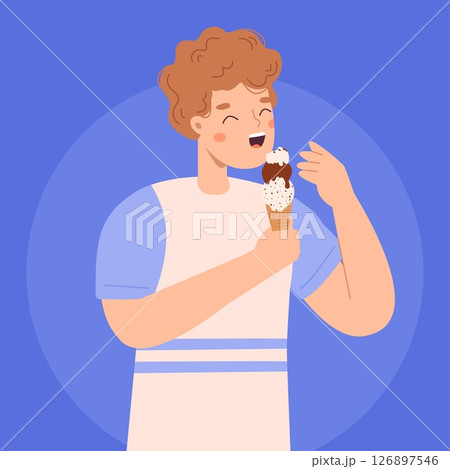 Boy eating giant ice cream. Happy teen eat sweet creamy and chocolate dessert in waffle cone from gelateria. Summer season vector character 126897546