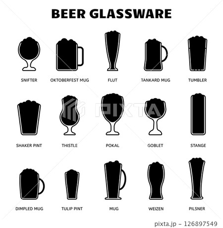 Beer glassware black silhouettes icons. Isolated stickers with beer, pub drinks symbols. Different types of glasses, vector elements for design Beer glassware black silhouettes icons. Isolated stickers with beer, pub drinks symbols. Different types of glasses, vector elements for design 126897549