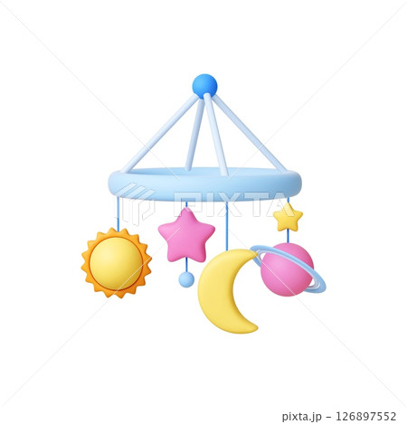 Baby mobile 3d icon. Isolated colorful newborn entertaining toy for bed with moon stars and planet. Realistic plastic carousel, bedroom accessory vector design 126897552