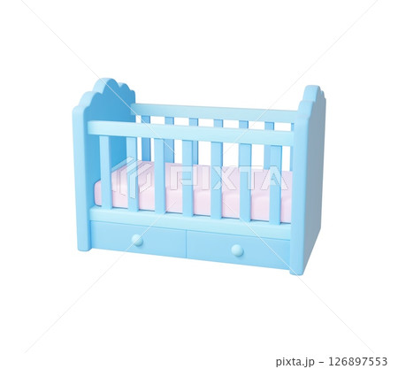 Baby cot 3d model. Newborn bed with mattress, sleep place for toddler. Isolated nursery furniture, plastic realistic design, vector icon 126897553