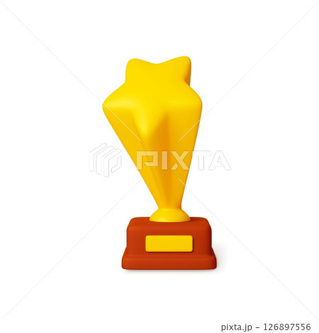 Award golden trophy 3d icon. Isolated star winner cup design. Entertainment, sport competition or scientific discoveries prize, vector rendering object 126897556
