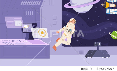 Astronaut in spacesuit flying in spaceship. Workplace on ship, space exploration, zero gravity cosmonaut. Universe and cosmos, vector illustration 126897557