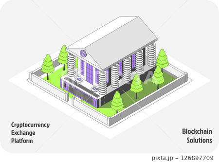 Cartoon Color Virtual Exchange Building Architecture Crypto City Concept 3d Isometric View Line Elements. Vector illustration 126897709