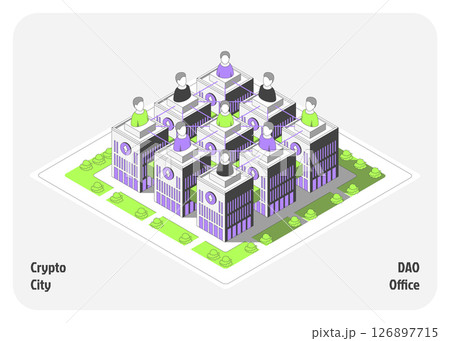Cartoon Color DAO Office Building Architecture Crypto City Concept 3d Isometric View Line Elements. Vector illustration of Decentralized Autonomous Organization 126897715