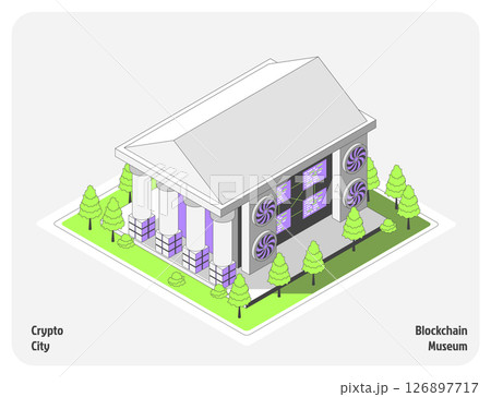 Cartoon Color Blockchain Museum Building Architecture Crypto City Concept 3d Isometric View Line Elements. Vector illustration 126897717