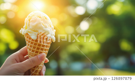 Melting vanilla ice cream cone held in sunlight on a warm day 126897879