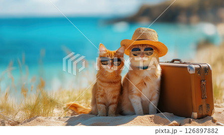 Two cats in sunglasses and hat sitting on beach with suitcase 126897882