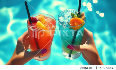 Colorful summer cocktails with fruit near pool in bright sunlight 126897883